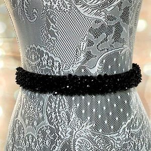 White House Black Market black crystal beaded belt sash with ribbon tie closure